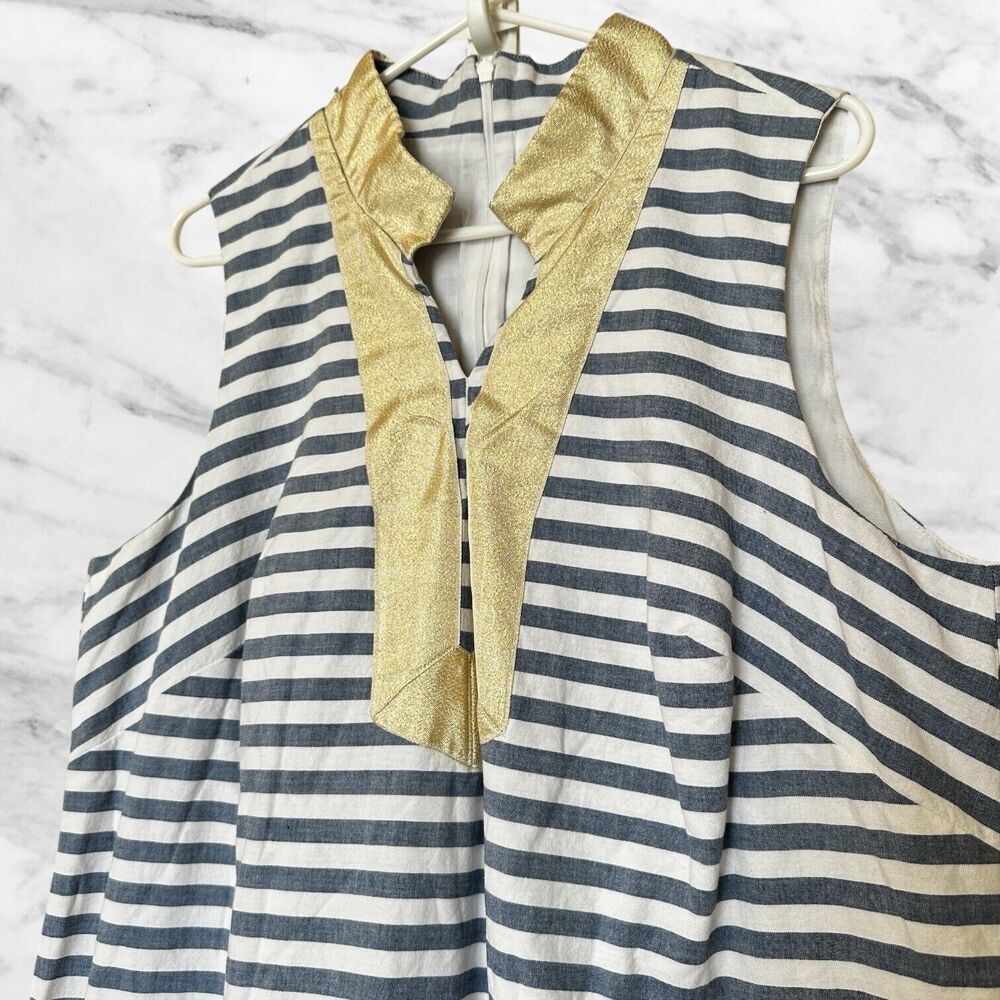 Eliza J Dress Gold Metallic Mandarin Collar Sleeveless Shift Dress Blue Stripes - Picture 3 of 8